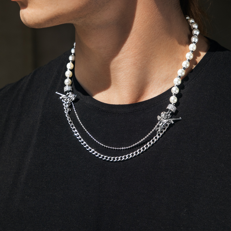 Half Pearl Half Cuban Link With Baby Angel Of Death Chain Gold