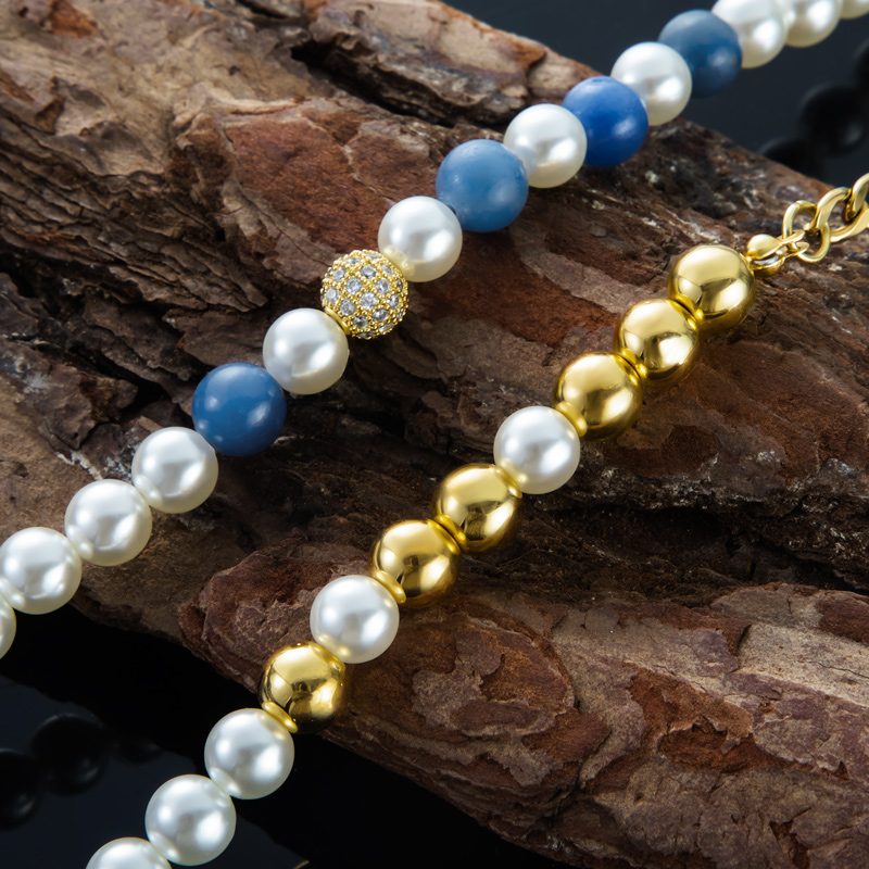 8mm Gradient Blue Natural Beads With Pearl Necklace Gold - Image 3