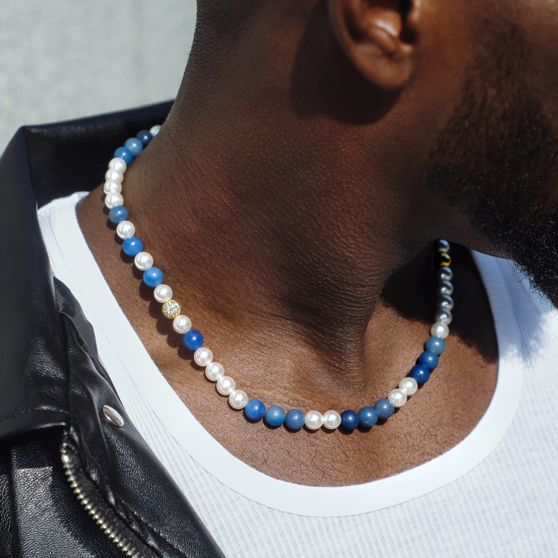 8mm Gradient Blue Natural Beads With Pearl Necklace Gold - Image 5
