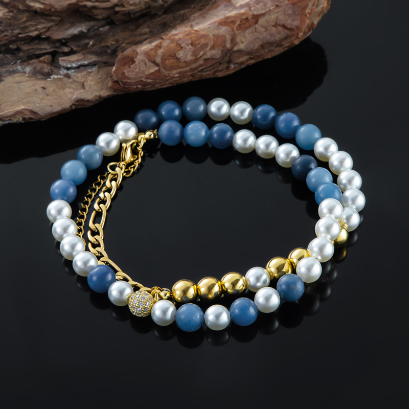 8mm Gradient Blue Natural Beads With Pearl Necklace Gold - Image 6
