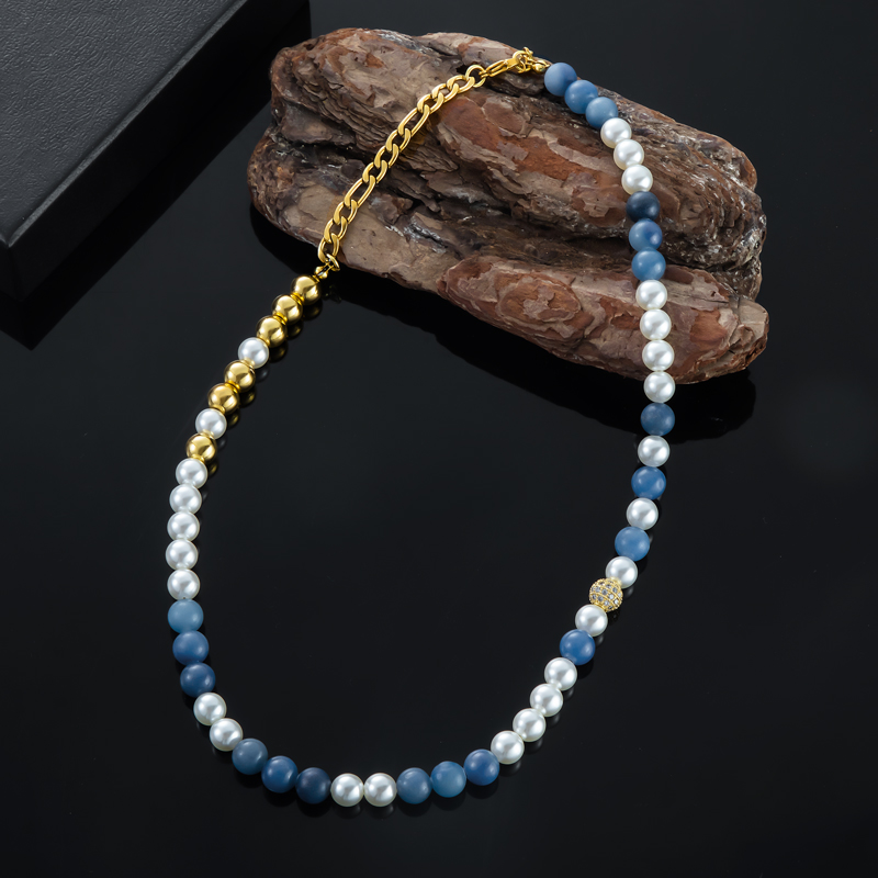8mm Gradient Blue Natural Beads With Pearl Necklace Gold