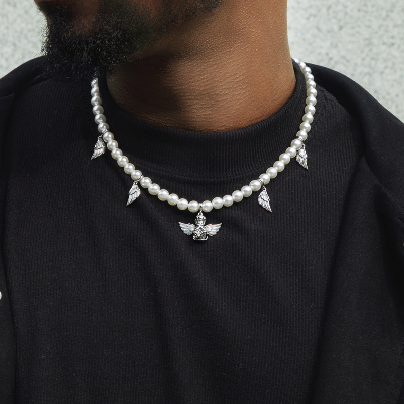 Praying Angel & Wings Charm Pearl Necklace Gold With Street Luxury Shine - Image 3