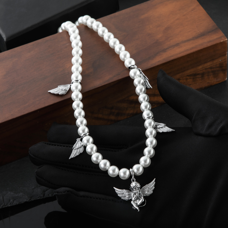 Praying Angel & Wings Charm Pearl Necklace Gold With Street Luxury Shine - Image 5