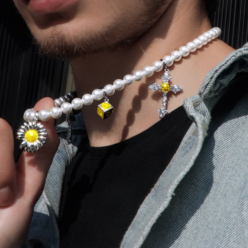 Blooming Daisy & Iced Out Cross Pearl Chain Gold With Street Luxury Shine - Image 4