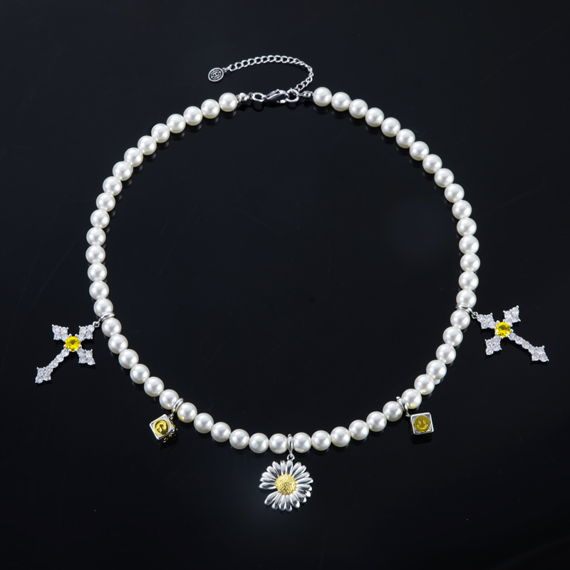 Blooming Daisy & Iced Out Cross Pearl Chain Gold With Street Luxury Shine - Image 5