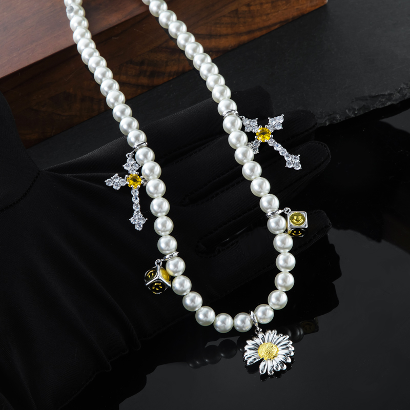 Blooming Daisy & Iced Out Cross Pearl Chain Gold With Street Luxury Shine - Image 6