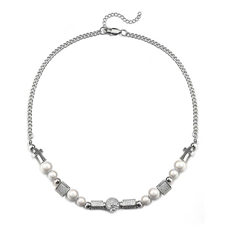Pearl Skull And Cross Charms Necklace Set Gold With Street Luxury Shine - Image 4