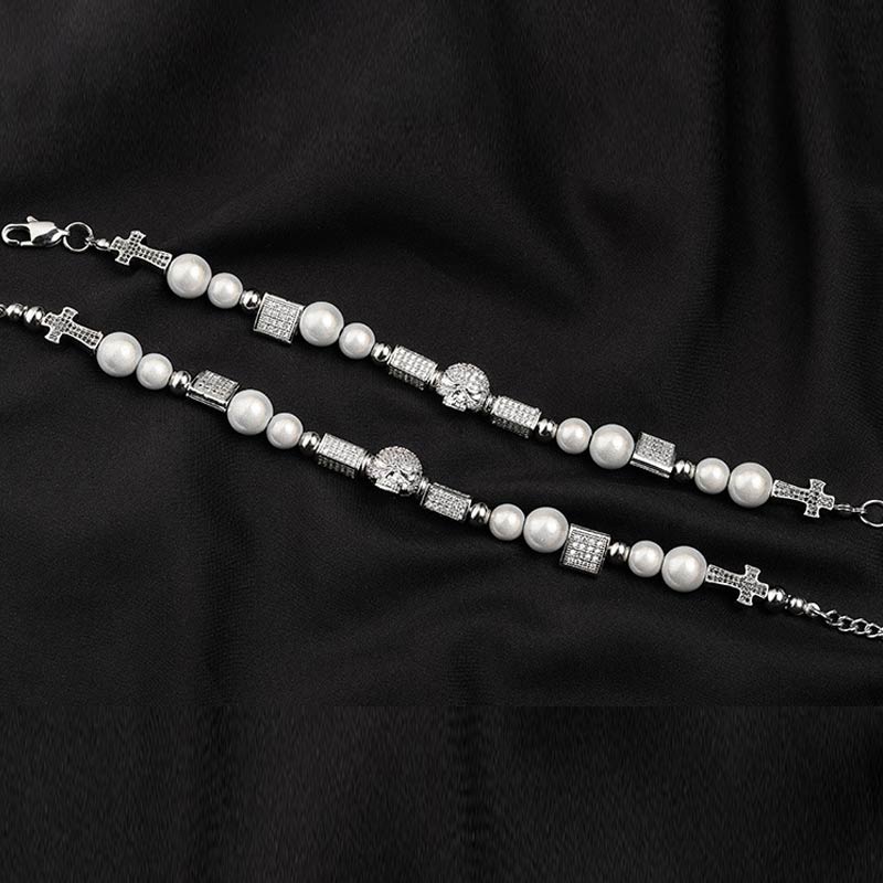 Pearl Skull And Cross Charms Necklace Set Gold With Street Luxury Shine - Image 5