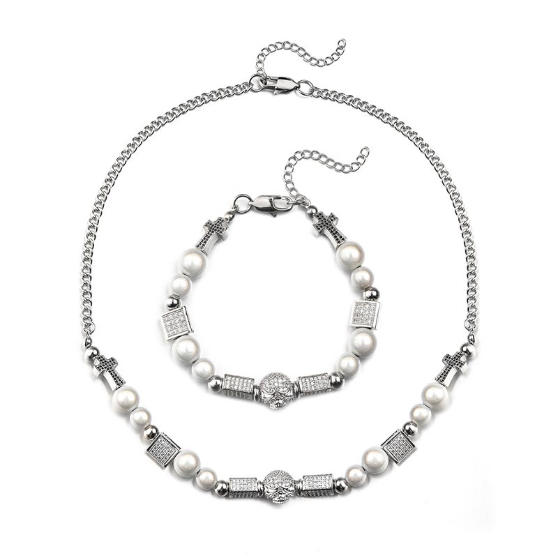 Pearl Skull And Cross Charms Necklace Set Gold With Street Luxury Shine