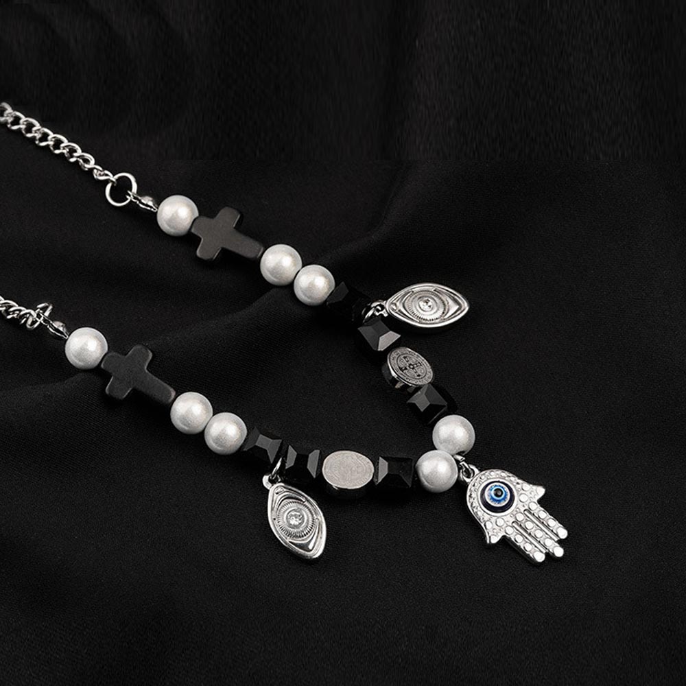 Fatima With St. Benedict Medal Cross Pearl Necklace Gold - Image 3