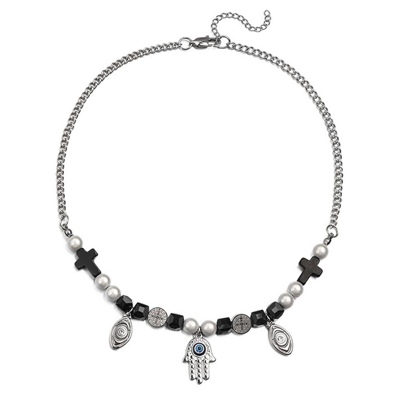 Fatima With St. Benedict Medal Cross Pearl Necklace Gold