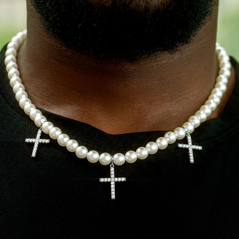 Iced Out Cross Pendant Pearl Necklace Gold With Street Luxury Shine - Image 3