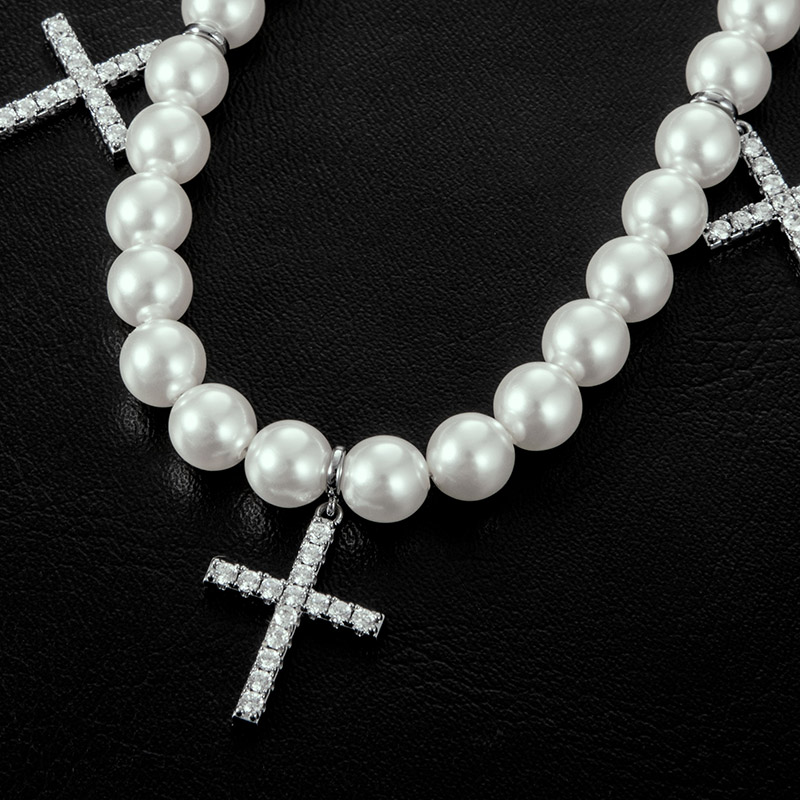 Iced Out Cross Pendant Pearl Necklace Gold With Street Luxury Shine - Image 4