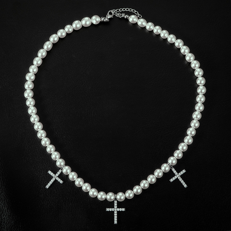 Iced Out Cross Pendant Pearl Necklace Gold With Street Luxury Shine