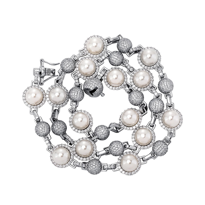 Iced Out Beads Pearl Chain In White Gold With Street Luxury Shine - Image 5
