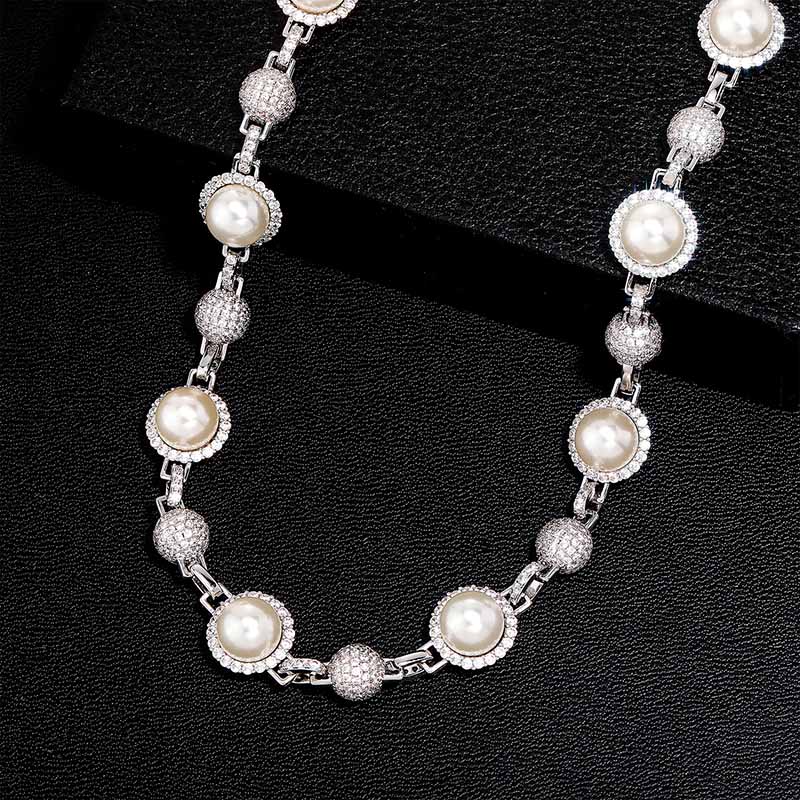 Iced Out Beads Pearl Chain In White Gold With Street Luxury Shine