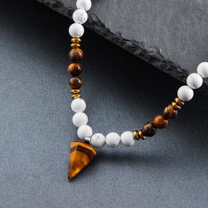 Street Luxury White Turquoise Beads Healing Necklace With Pointed Pendant - Image 3