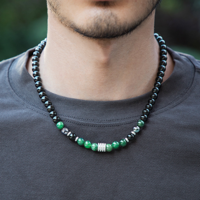 Ocean Grass Agate Black Obsidian Healing Stones Energy Necklace Silver