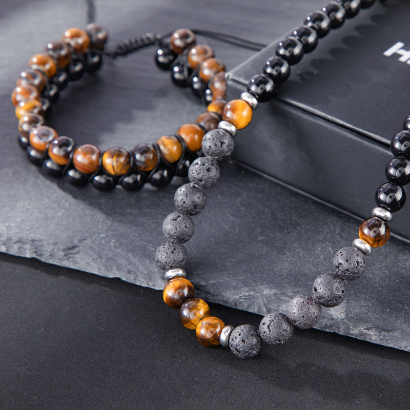 Bold Tiger Eye Stones Black Obsidian Double Layered Bracelet & Chain Set - Image 3