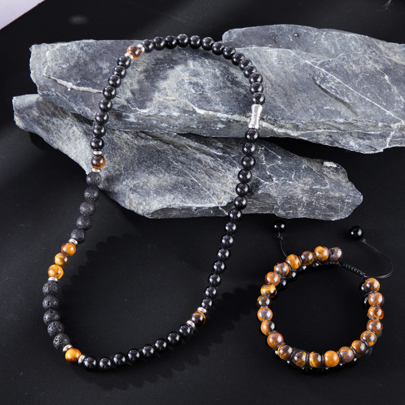 Bold Tiger Eye Stones Black Obsidian Double Layered Bracelet & Chain Set - Image 4