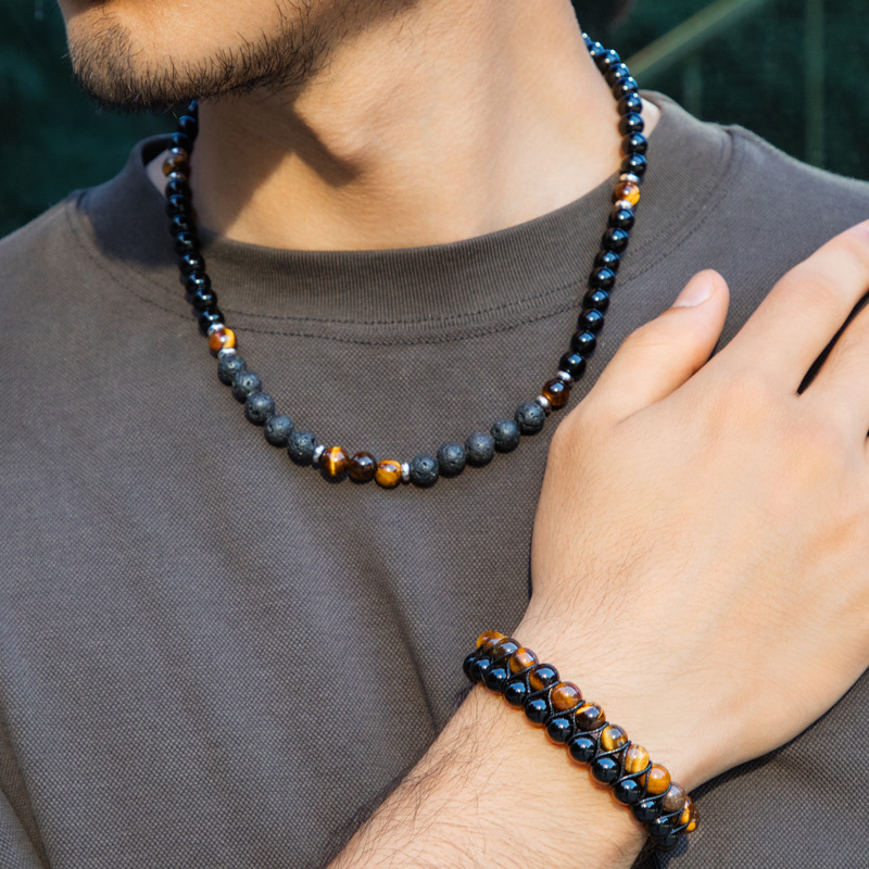 Bold Tiger Eye Stones Black Obsidian Double Layered Bracelet & Chain Set