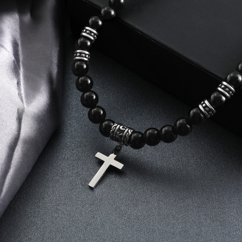 Black Obsidian & Stainless Steel Cross Beads Necklace Silver - Image 3