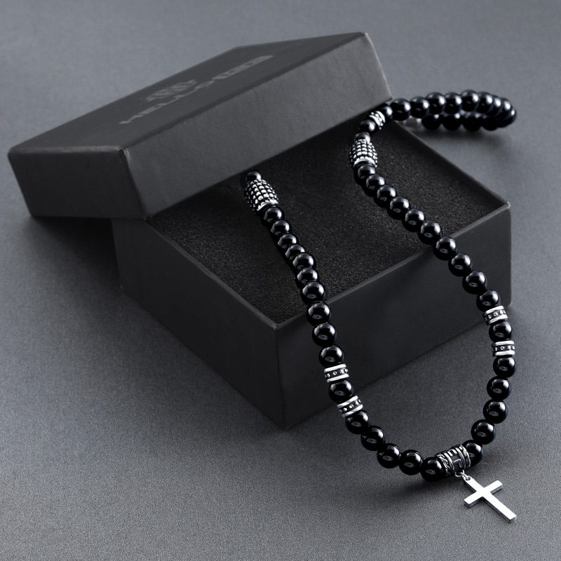 Black Obsidian & Stainless Steel Cross Beads Necklace Silver - Image 4