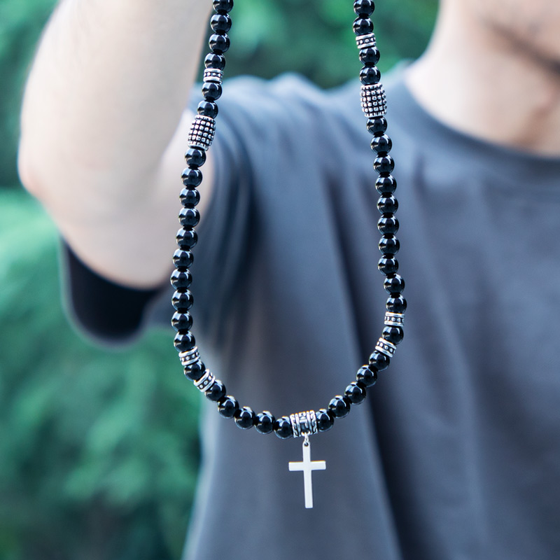 Black Obsidian & Stainless Steel Cross Beads Necklace Silver - Image 5