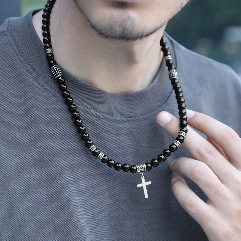 Black Obsidian & Stainless Steel Cross Beads Necklace Silver