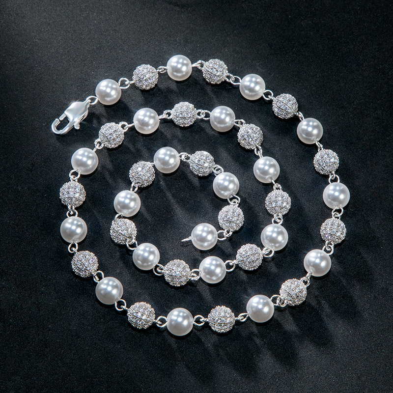 7mm Fully Iced Out Beaded Pearls Necklace Gold With Street Luxury Shine - Image 3