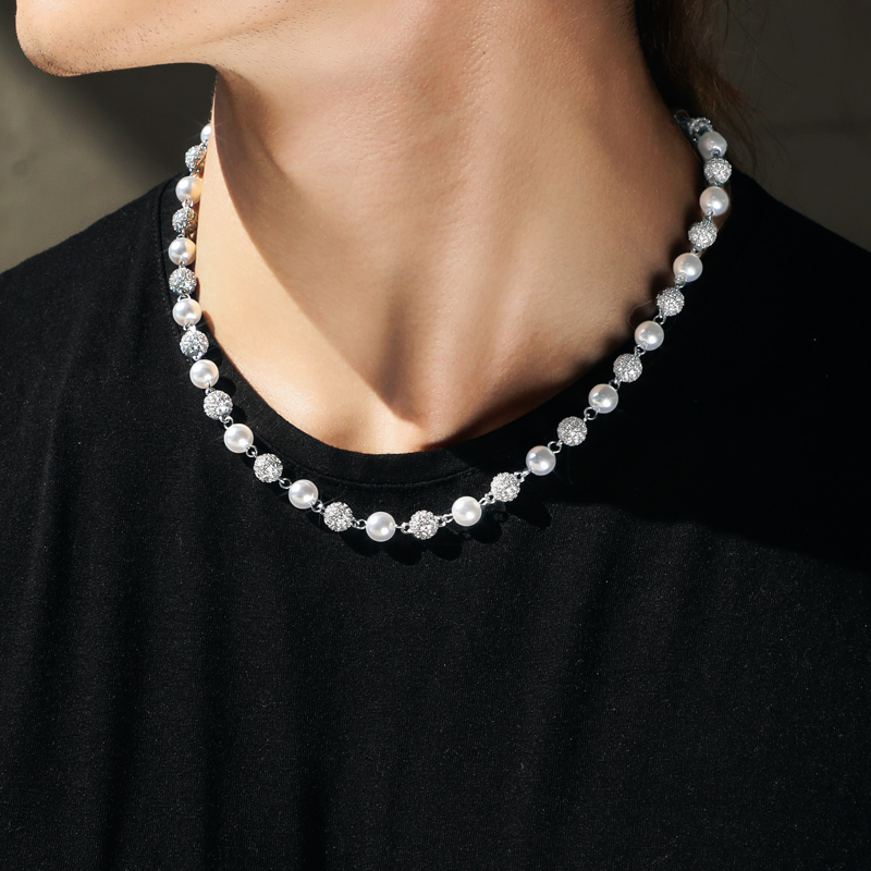 7mm Fully Iced Out Beaded Pearls Necklace Gold With Street Luxury Shine