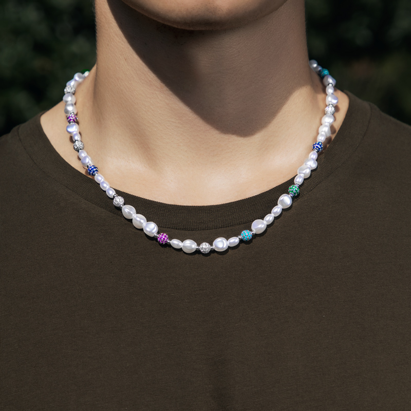 Irregular Pearls & Iced Out Multi-colour Ball Chain With Bold Premium Edge