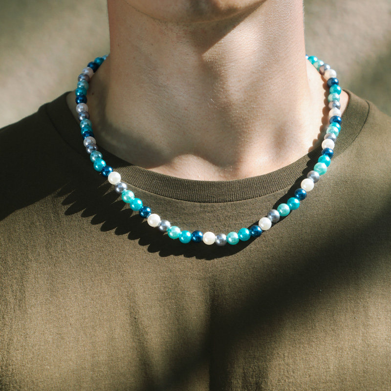 7mm Blue & White Alternate Pearl Necklace Silver With Street Luxury Shine