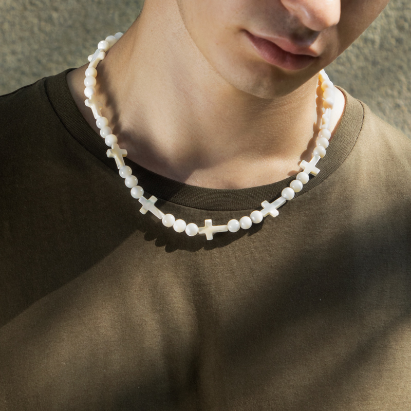 Natural White Seashell Cross & Bead Chain Silver With Street Luxury Shine - Image 3