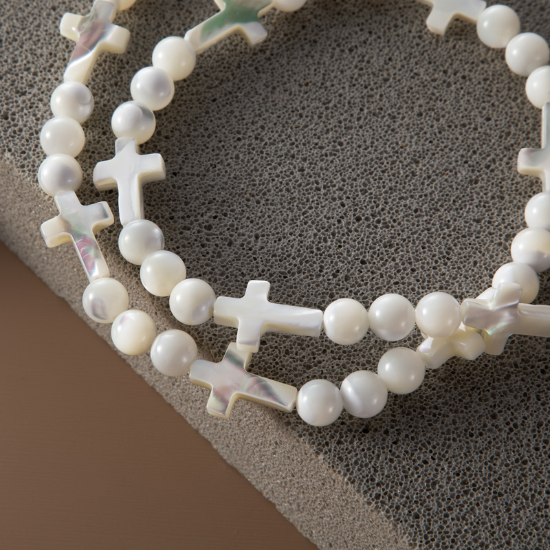 Natural White Seashell Cross & Bead Chain Silver With Street Luxury Shine - Image 4