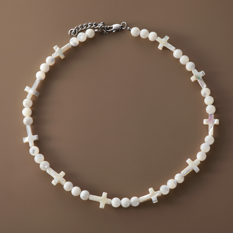 Natural White Seashell Cross & Bead Chain Silver With Street Luxury Shine - Image 5