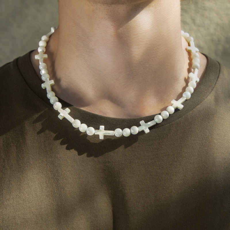 Natural White Seashell Cross & Bead Chain Silver With Street Luxury Shine - Image 6