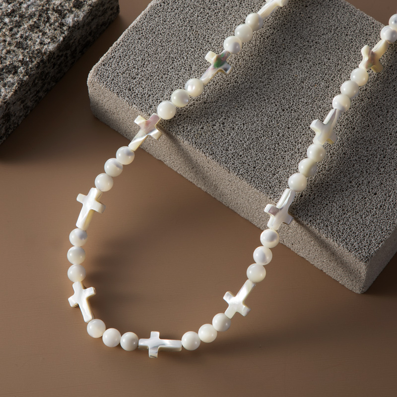 Natural White Seashell Cross & Bead Chain Silver With Street Luxury Shine - Image 7