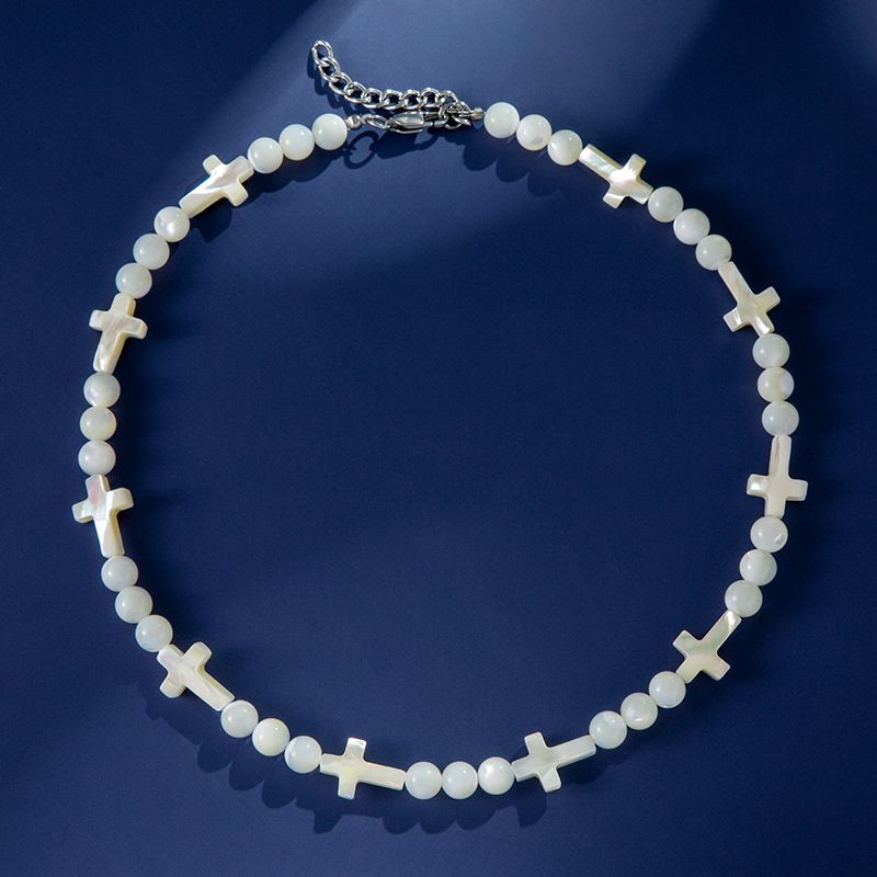 Natural White Seashell Cross & Bead Chain Silver With Street Luxury Shine