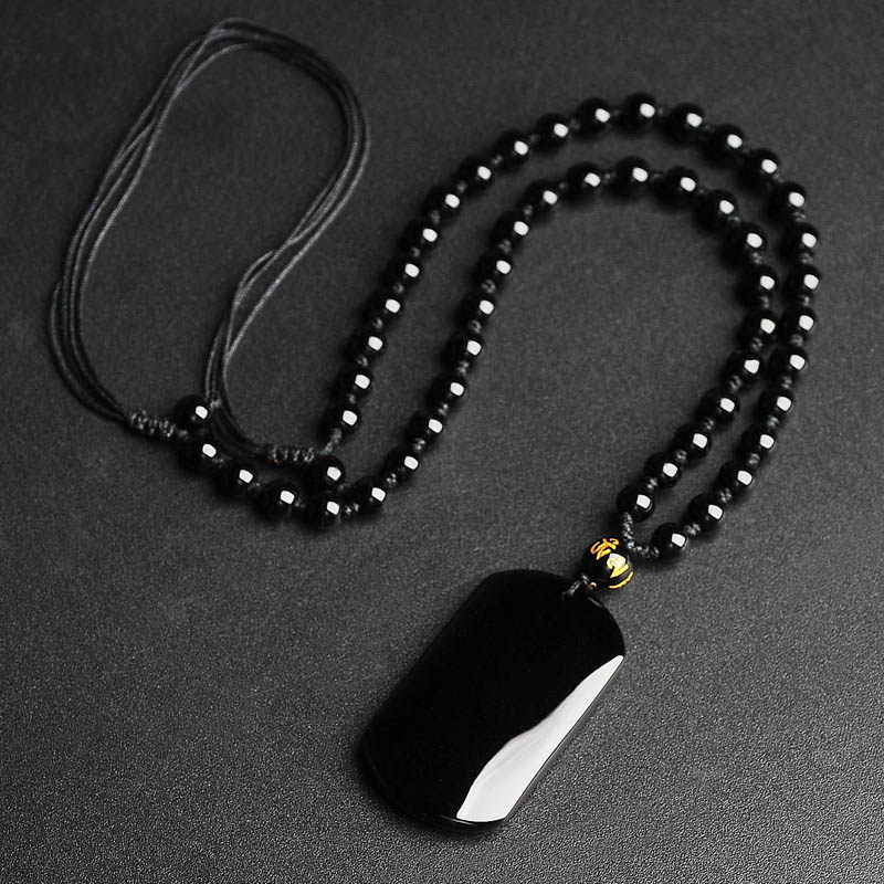 Natural Stone Obsidian Amulet Oval Dog Tag Pendant With Street Luxury Shine