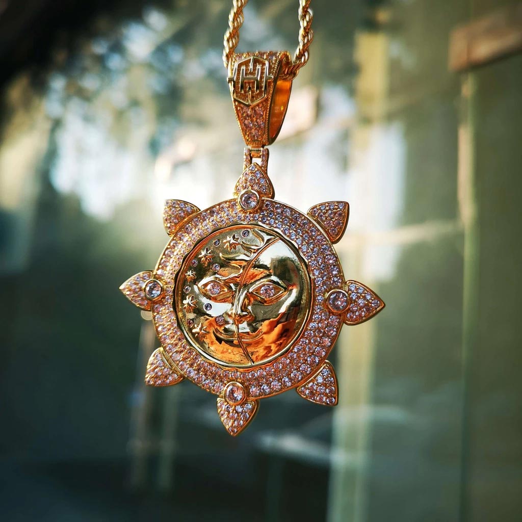 Sun And Moon Face Pendant In Gold Gold With Bold Statement Appeal