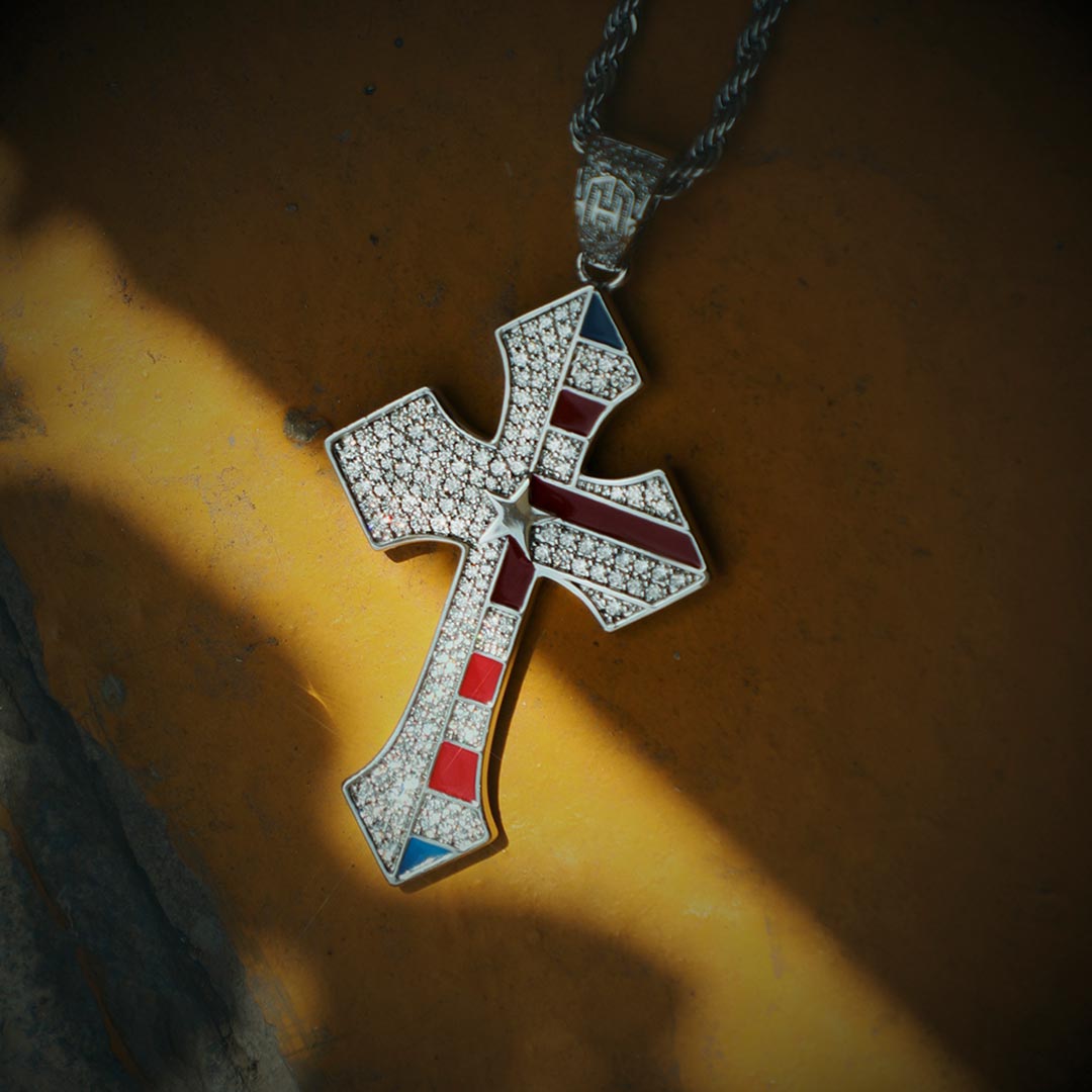 Iced Out Flag Cross Pendant In White Gold With Street Luxury Shine - Image 3