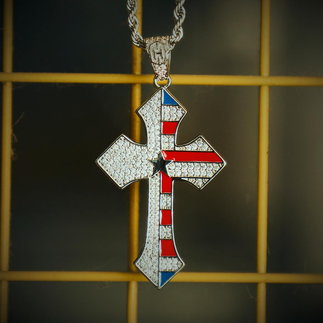 Iced Out Flag Cross Pendant In White Gold With Street Luxury Shine