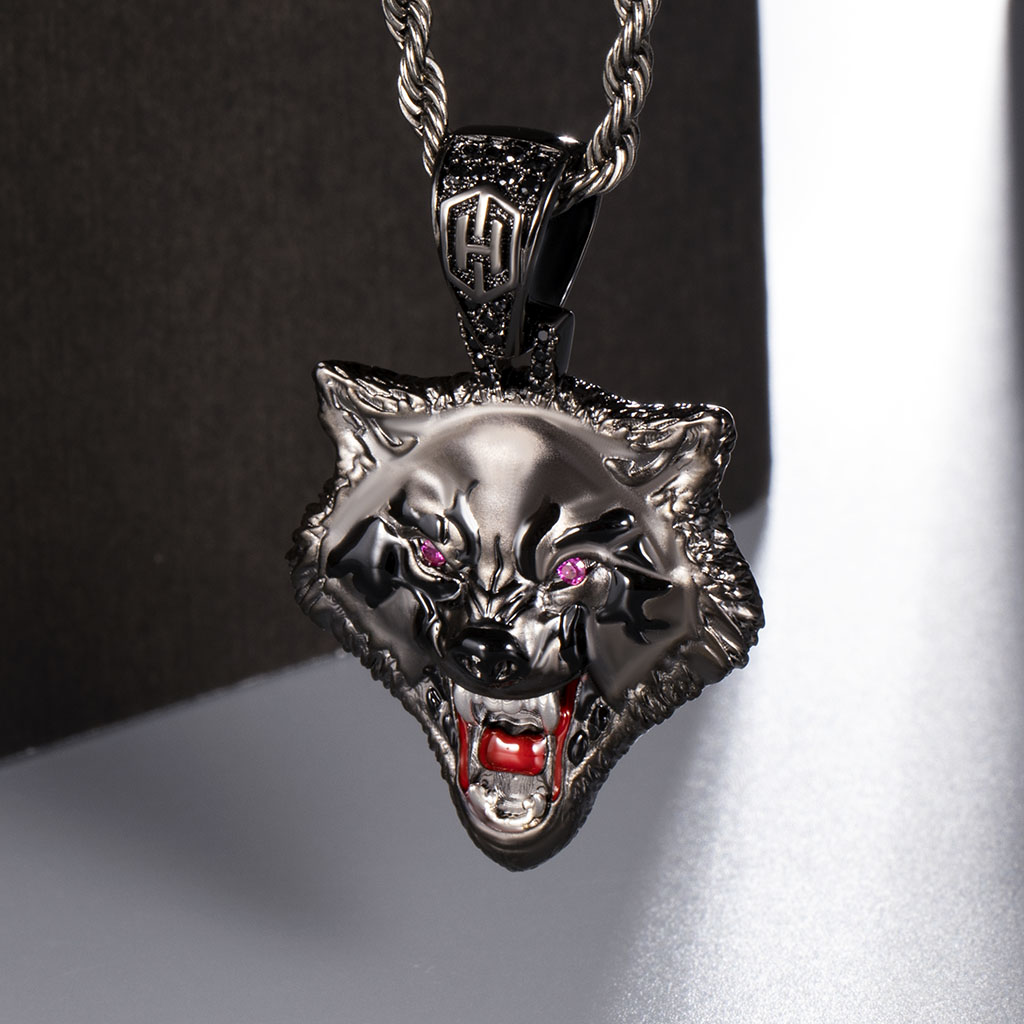 Roaring Wolf Head Pendant In Black Gold With Street Luxury Shine