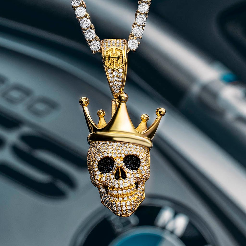 Iced Out Skull With King Crown Pendant In Gold With Street Luxury Shine