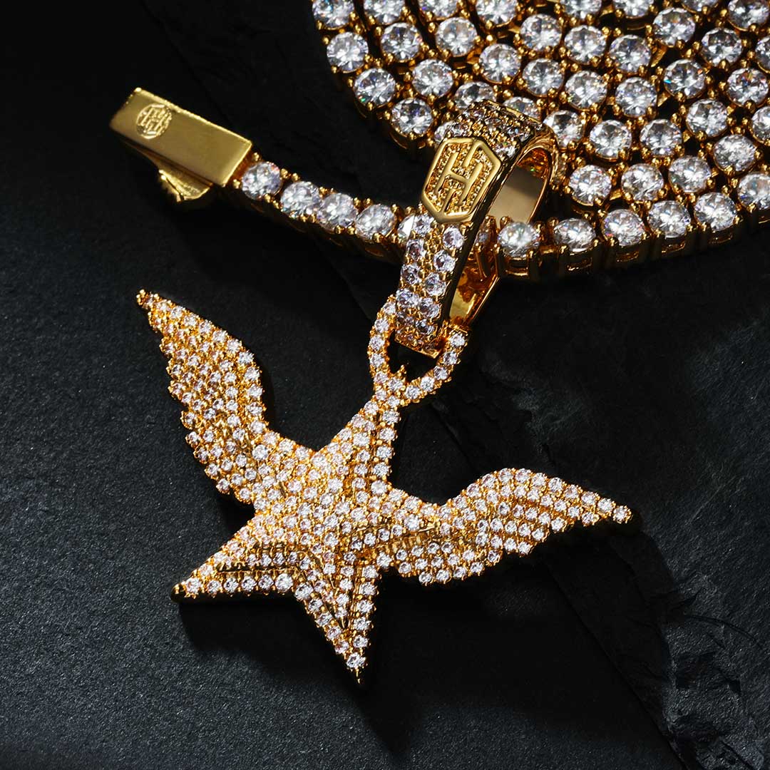 Iced Out 5-pointed Star With Angel Wings Pendant In Gold With Gold Shine - Image 3