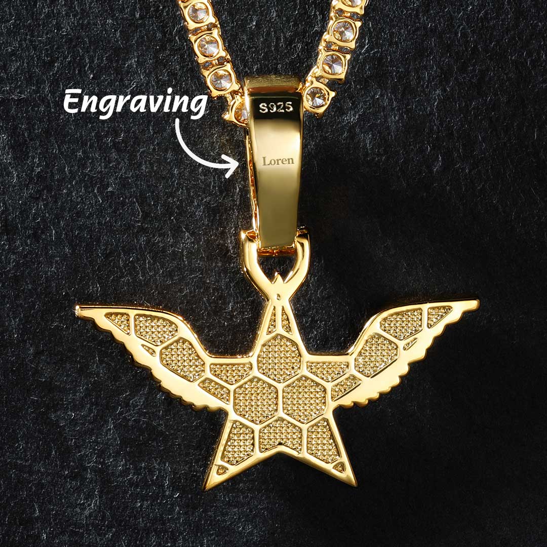 Iced Out 5-pointed Star With Angel Wings Pendant In Gold With Gold Shine - Image 4