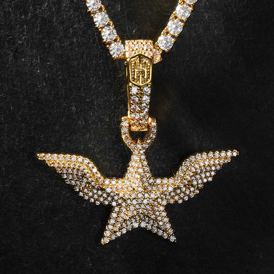Iced Out 5-pointed Star With Angel Wings Pendant In Gold With Gold Shine