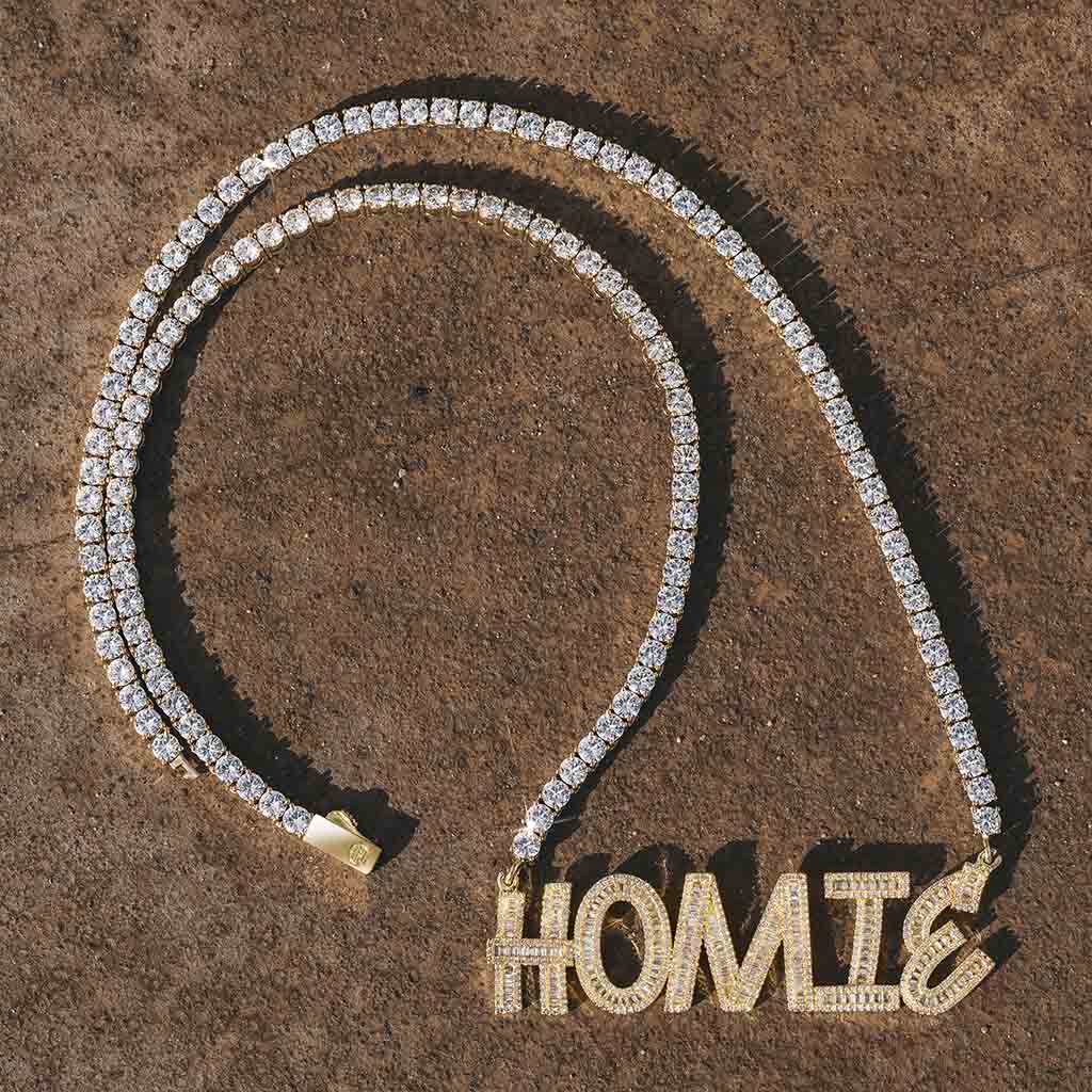 Iced Out Custom Baguette Letters Pendant With 5mm 22 Tennis Chain Gold - Image 3