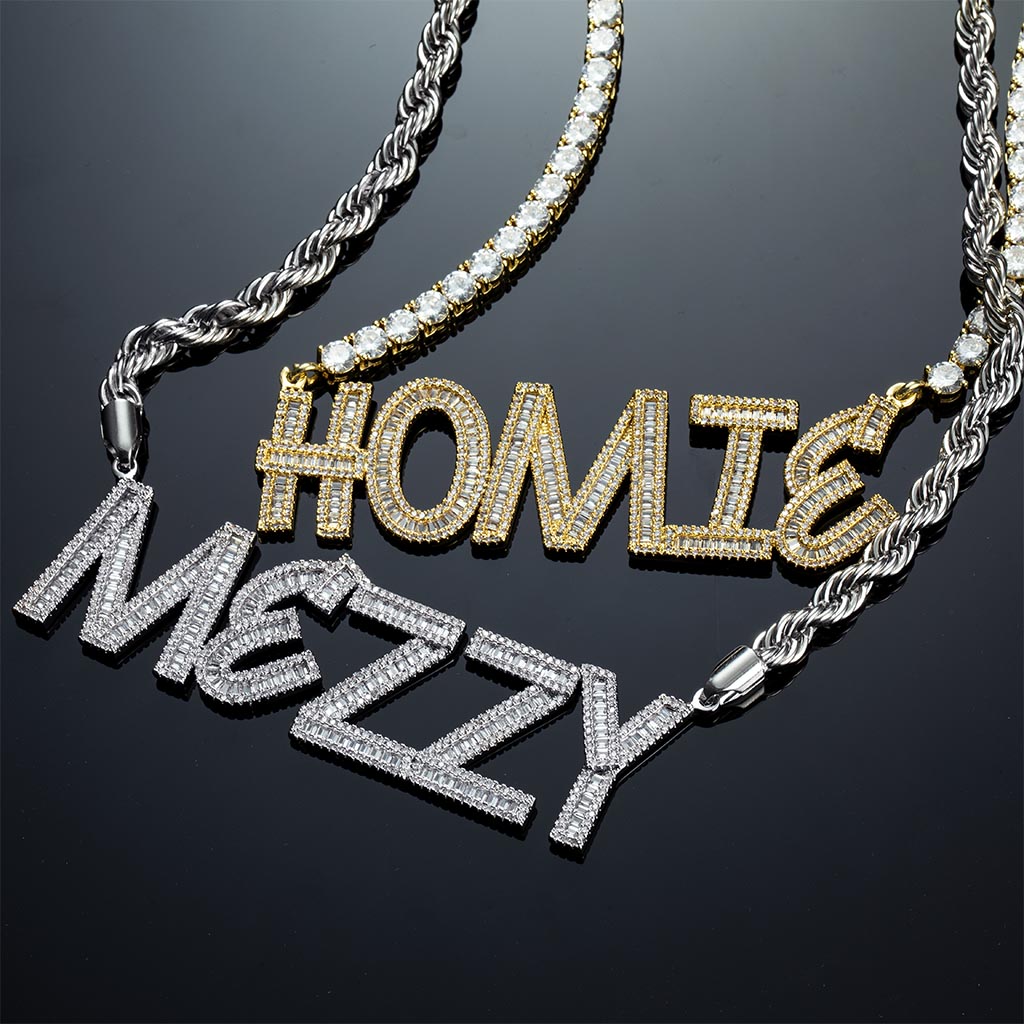 Iced Out Custom Baguette Letters Pendant With 5mm 22 Tennis Chain Gold - Image 4